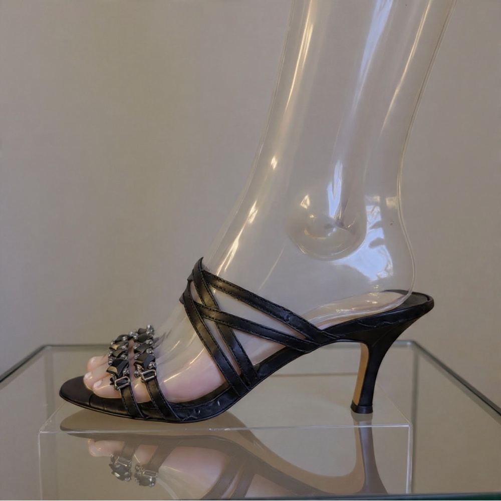 Black Strappy Heeled Sandals with Chain Detail - Picture 2 of 13